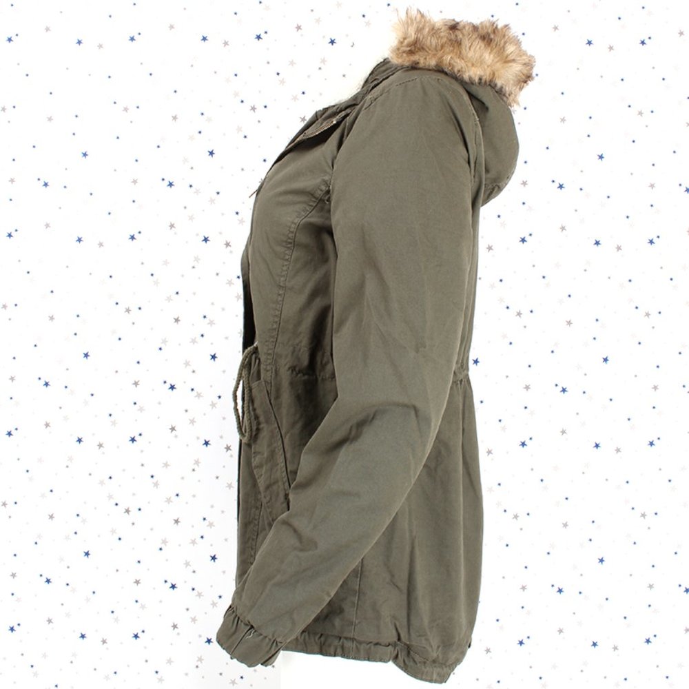 Olive Faux Fur Hooded Sherpa Lined Utility Jacket - Picture 9 of 16